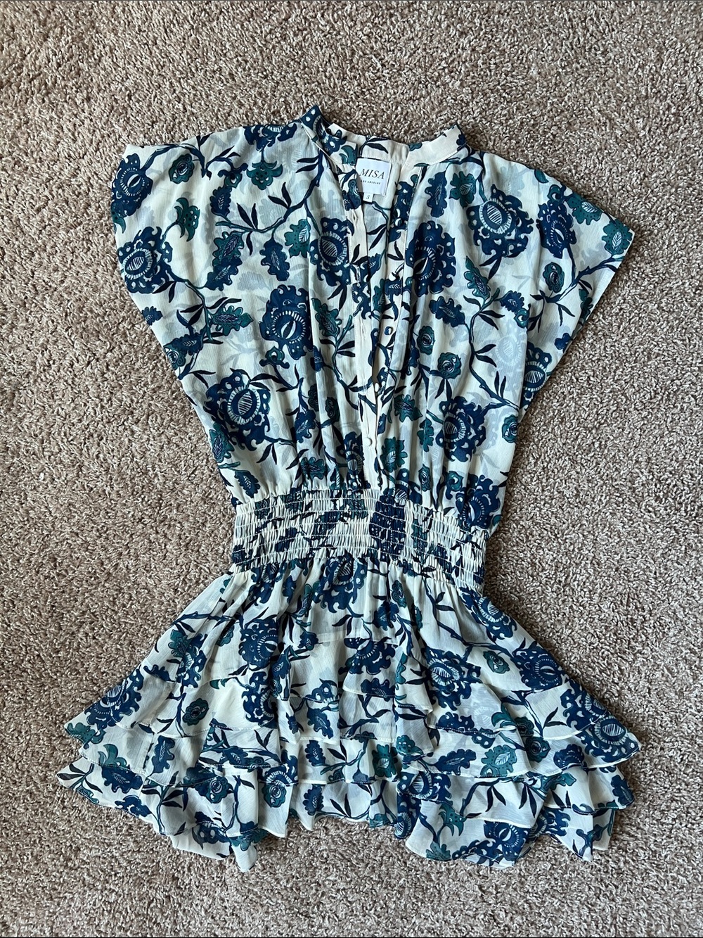 MISA Floral Smocked Waist Ruffle Mini Dress - Blue & Cream